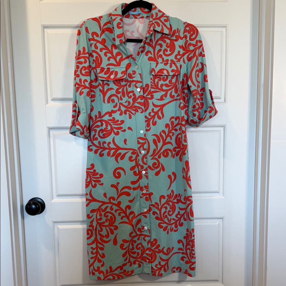 j mclaughlin turquoise and coral button down dress XS no belt